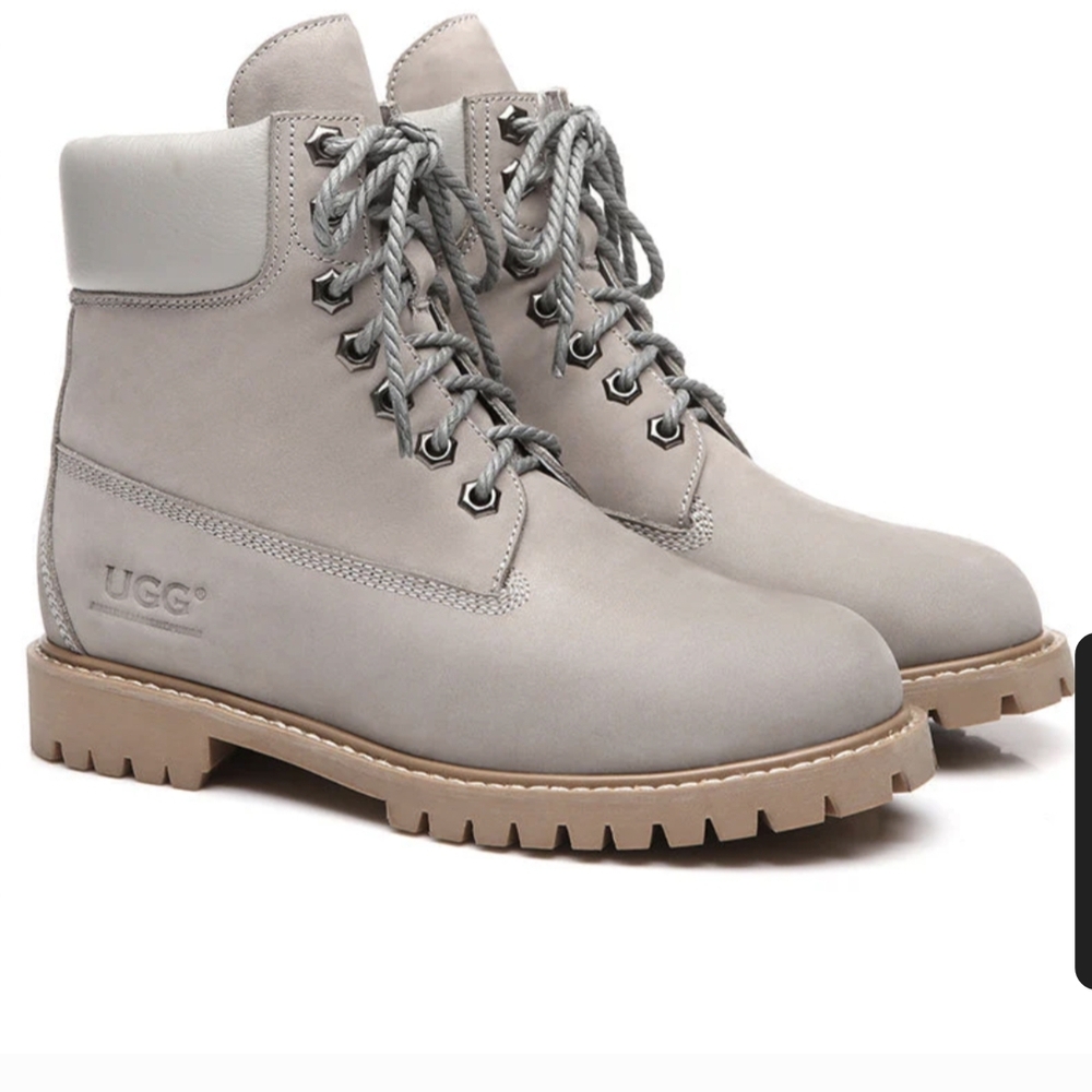 UGG Tan Gray Boots with Durable Lug Sole and Padded Collar